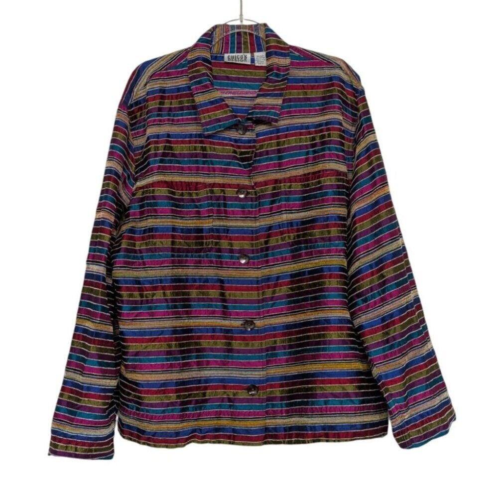 Chicos Design 3 Rainbow Stripe Shirt Womens Size XL Multicolor Silk Rayon Jacket